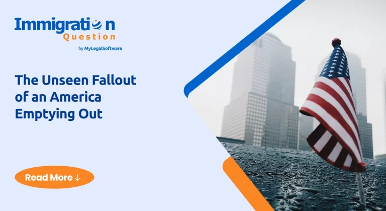 Illustration showing the decline of the U.S. immigrant population and its impact on economy, workforce, and communities.